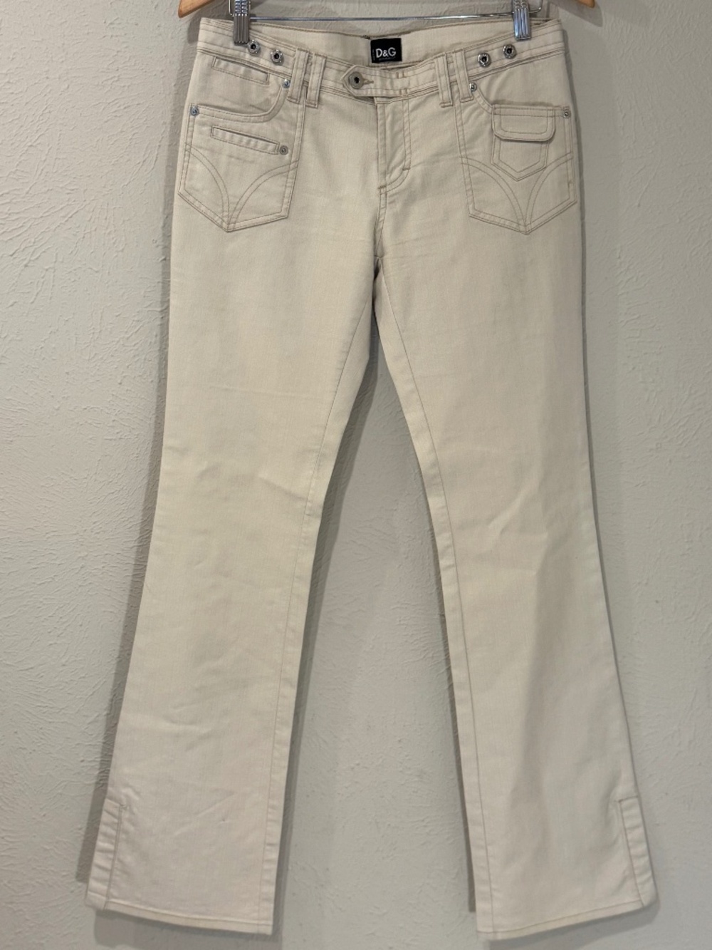 D&G Women's Beige Bootcut Low-Rise Pants Twill Embroidered Logo Button Zip